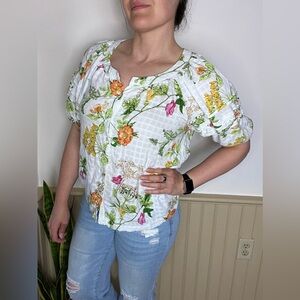 Jane Delancey Floral Puff Sleeve Peasant Blouse Size L Cottagecore Garden Top
